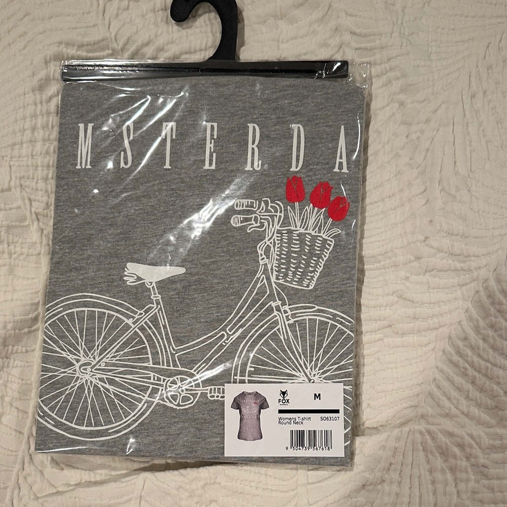 Gray Graphic Amsterdam T-Shirt with Bicycle and Tulips size M New